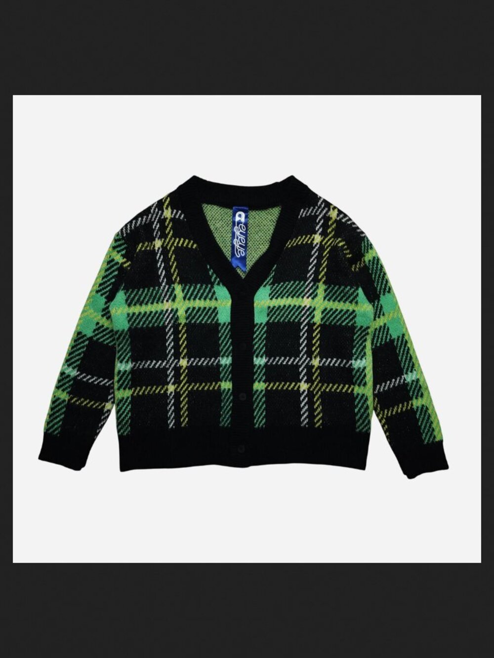Eyeye black knit cardigan w/ green, yellow, & white checkered / plaid patterns